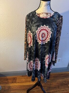 Forever 21 Gray Swing Dress with Red Medallion and Leopard Sleeves